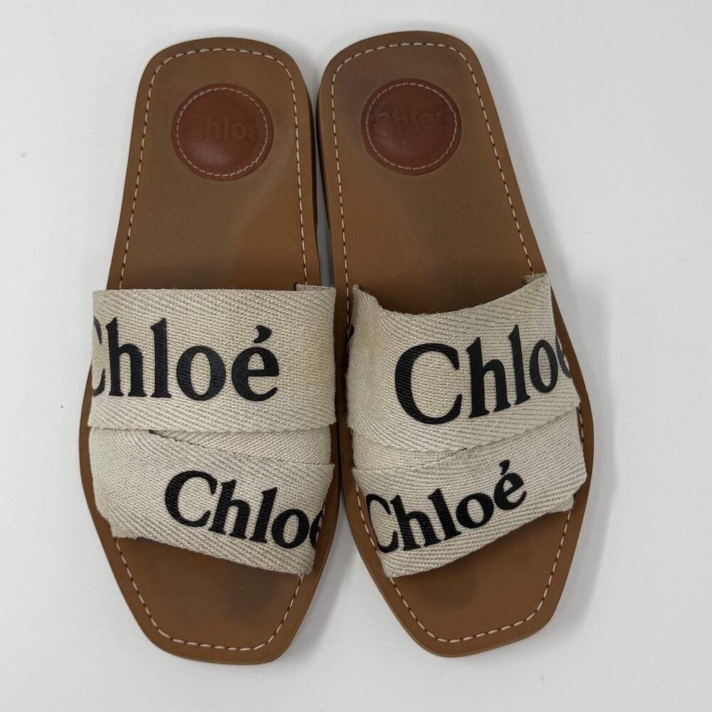 Chloé Woody Logo Canvas Slide Sandals EU 37 / US 6.5-7 Beige